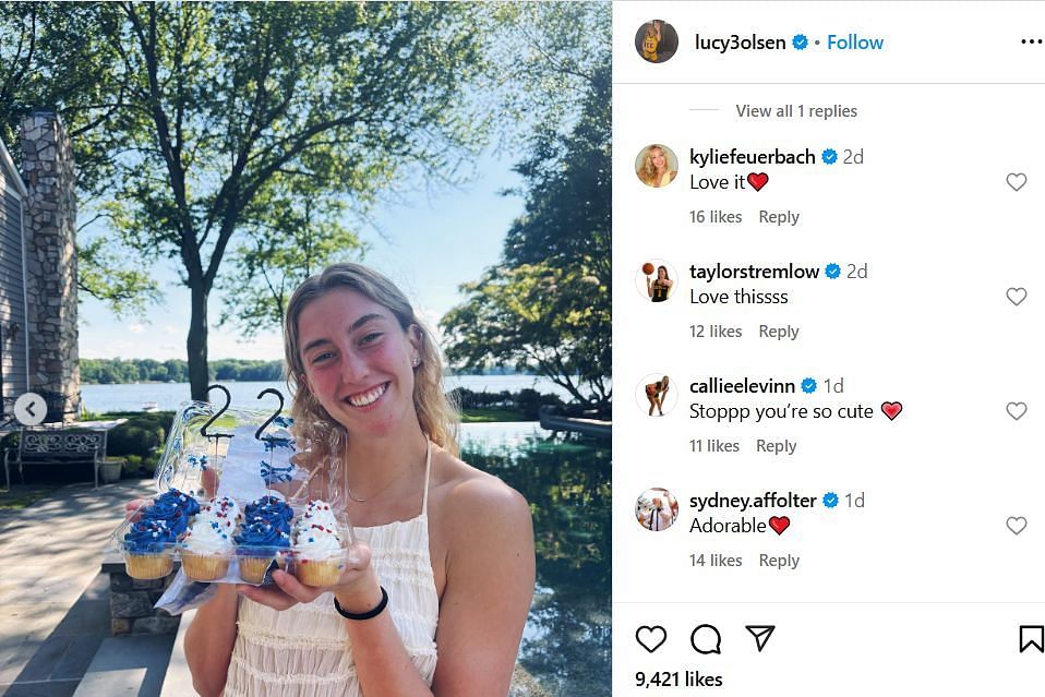 Iowa stars Kylie Feuerbach and Taylor Stremlow react to Lucy Olsen's IG photo dump. Image via @lucy3olsen